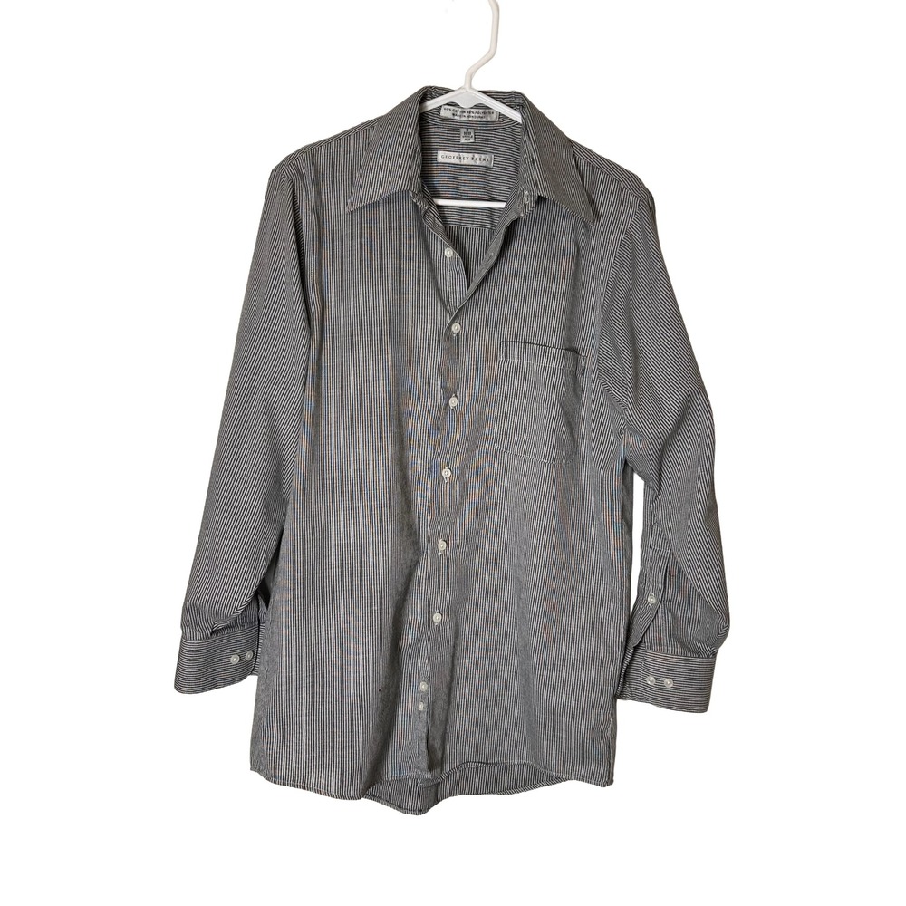 Geoffrey Beene Mens Black White Striped Wrinkle Free Dress Shirt Size 15 32 33
